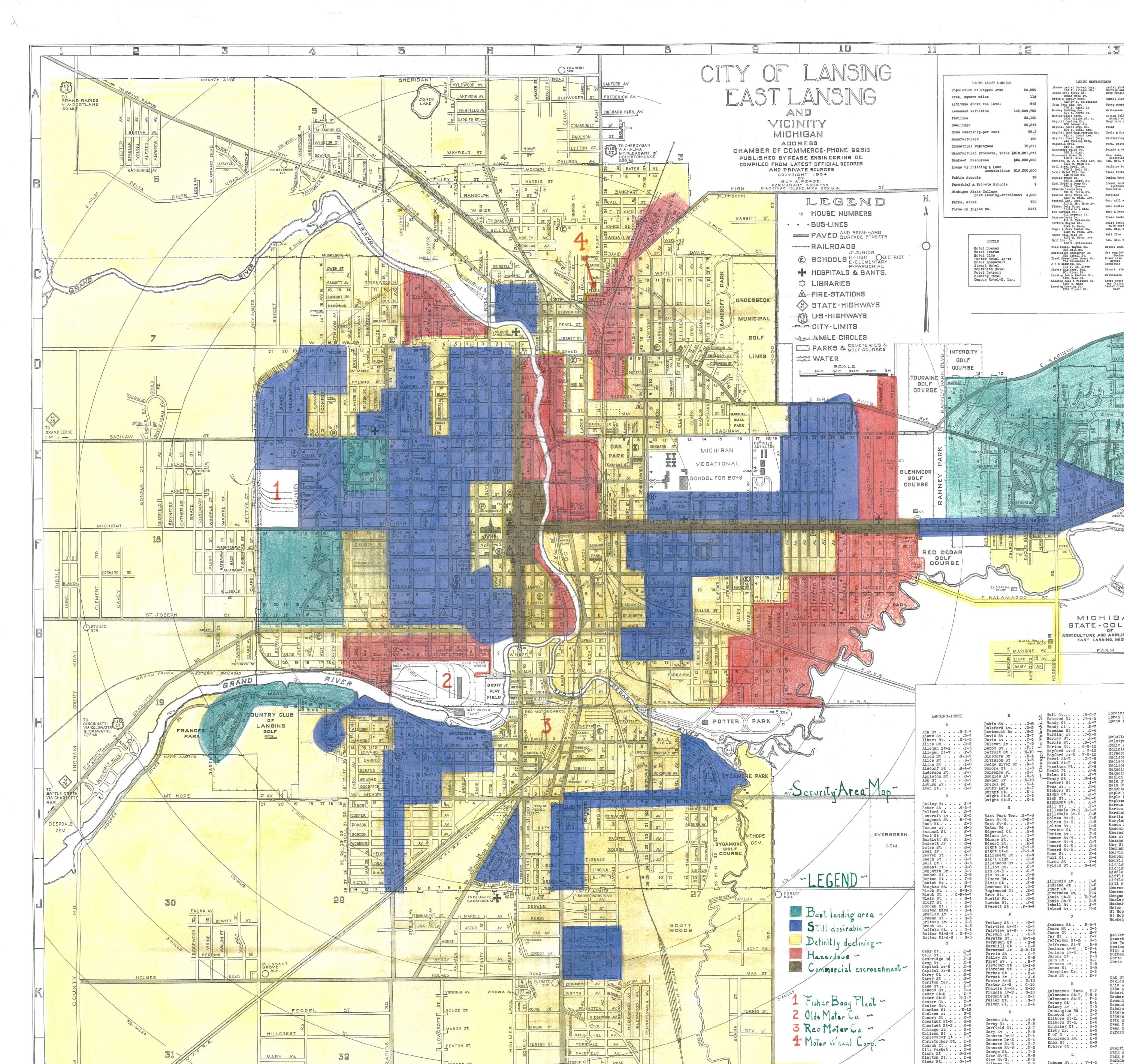 1935 HOLC Security Map of Lansing, Michigan. Colored map showing neighborhood grades A–D. Upper-right: title block and city statistics table. Lower-right: handwritten legend with the four HOLC grades.