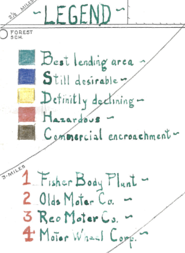 HOLC color legend: green = A Best, blue = B Still Desirable, yellow = C Definitely Declining, red = D Hazardous